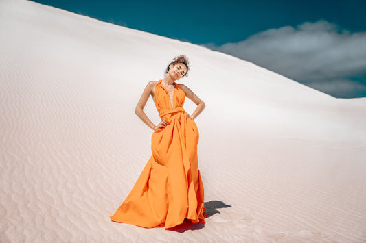 notchi fashion studio elemental collection. photographed at lancelin dunes inwestern australia. model wears latest nothci design.